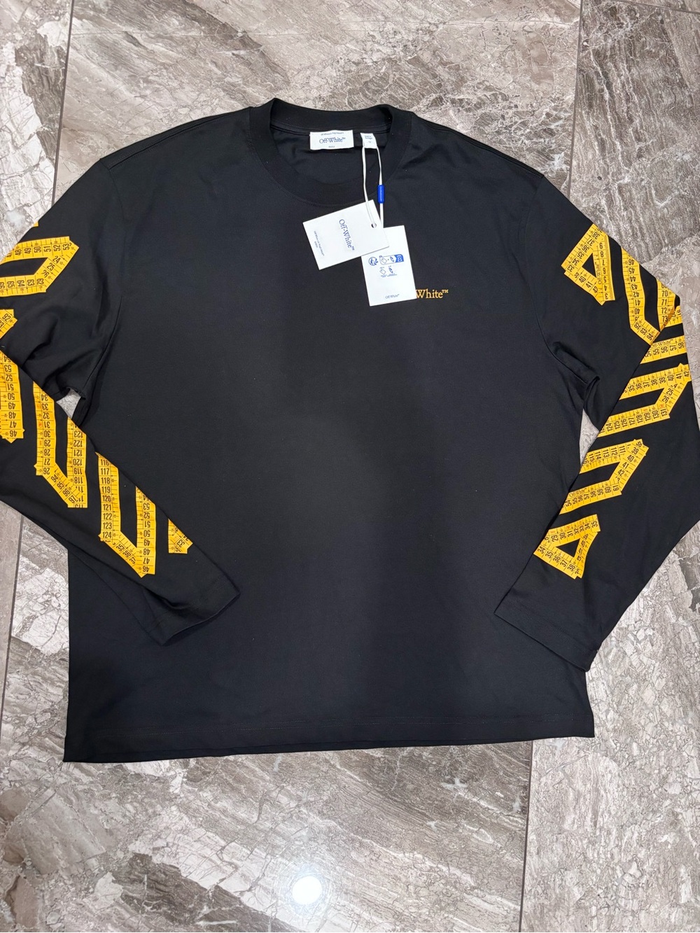 Off-White Black Long Sleeve Tee with Yellow Sleeve Arrows